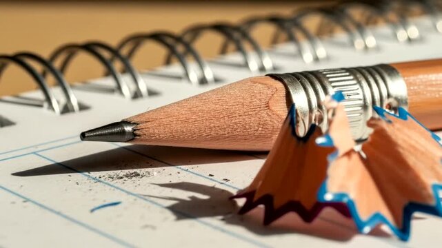 Close up of a sharpened pencil on a notebook with pencil shavings.