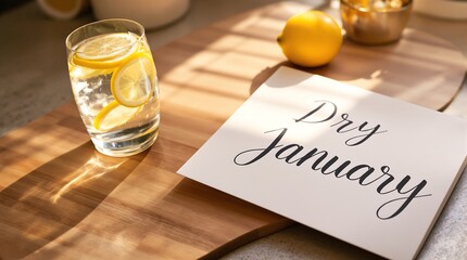 Dry january concept shown with lemon water for healthy and sober lifestyle