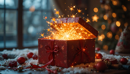 Magical glowing sparks erupt from an open red holiday gift box surrounded by festive Christmas decorations and snow