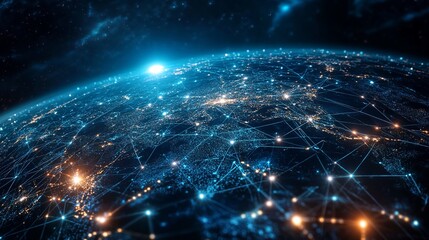 Stunning global network visualization showing interconnected cities and data flow, perfect for illustrating technology and international business concepts