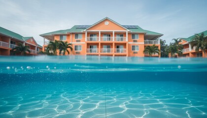 Large orange tropical resort hotel with a green roof and solar panels seen from a unique split-level perspective from inside a clear blue swimming pool