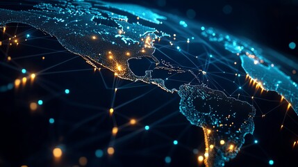 Global network connecting continents with vibrant data streams, visualizing worldwide digital infrastructure and communication technologies for modern business