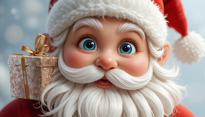 Adorable close up of a cheerful cartoon Santa Claus holding a beautifully wrapped golden gift box against a snowy background