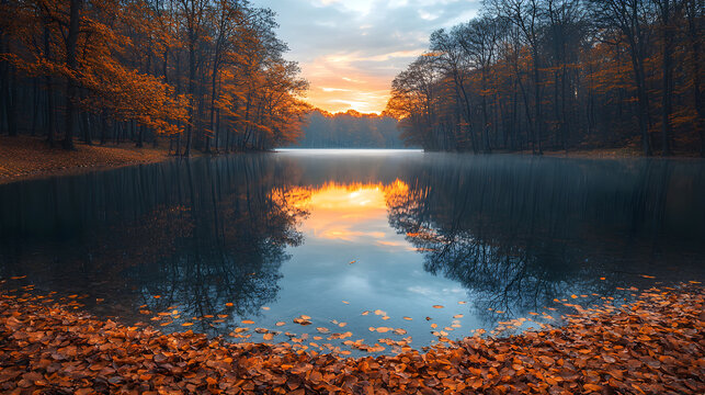 Serene autumn lake at sunrise, reflecting vibrant orange trees and misty sky. - Powered by Adobe