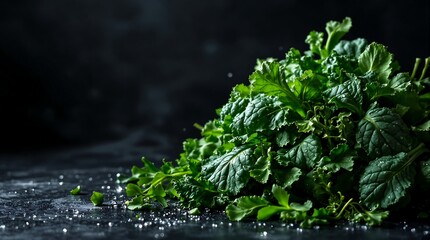 Close up bunch of fresh green curly kale on black stone dark background
