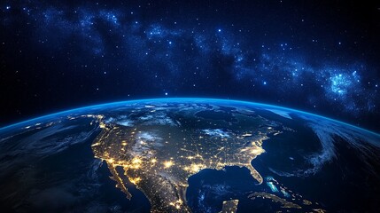 Breathtaking view of Earth from space showing North America at night with vibrant city lights and stunning starry sky for science visuals