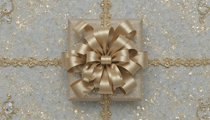 Luxurious gold ribbon bow adorns a sparkling gift box set against a textured background of glitter and ornate trim