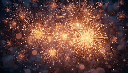 Brilliant golden orange fireworks explode against a dark night sky creating a festive and celebratory atmosphere for holidays