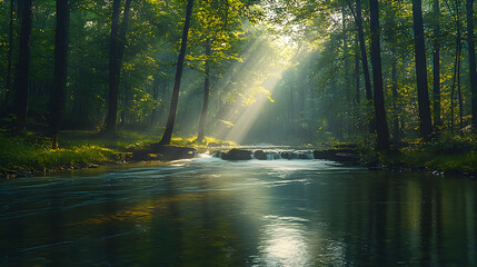 Sunlight streams through lush forest canopy illuminating a serene flowing river.