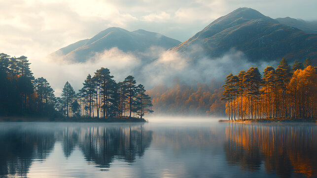 Tranquil lake reflects misty mountains and autumn trees at sunrise, serene natural beauty.