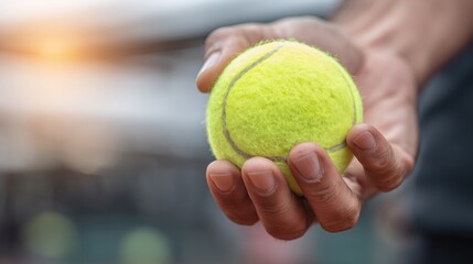 Close-up of a tennis player's hand gripping a ball on a sunny outdoor court
