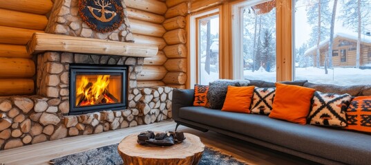 Naklejka premium Cozy Mountain Cabin Interior Featuring a Stone Fireplace, Gray Sofa, Log Walls, and Snowy Views