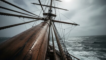 Obraz premium Wet wooden mast and rigging of a historic tall ship sailing through a dramatic, stormy sea with an overcast sky, viewed from a low-angle perspective on deck