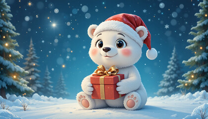 Adorable cartoon polar bear cub wearing a santa hat holds a festive red gift box in a snowy winter wonderland