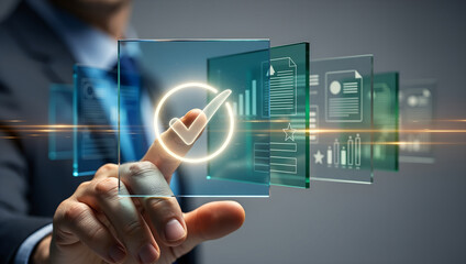 Digital verification and data management on a futuristic transparent interface.