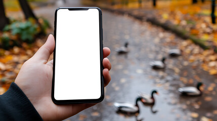A person holds a mobile phone in front of a park scene in the fall. Ducks swimming in the water add to the peaceful setting, framed by autumn foliage.
