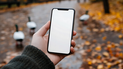 Digital Autumn: A hand holds a blank phone amidst fallen leaves and strolling ducks, blending technology with nature's palette. Discover connectivity in the colorful season.
