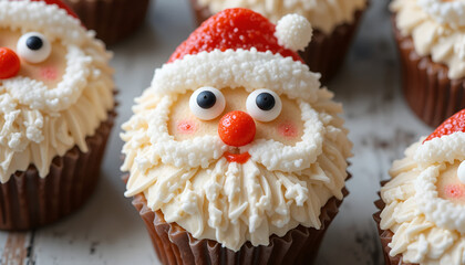 Adorable close up of festive Santa Claus cupcakes decorated with frosting eyes nose and strawberry hat for christmas