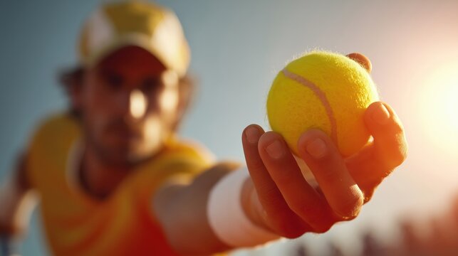 Tennis player holding a bright yellow ball high up against a sunny blue sky - Powered by Adobe
