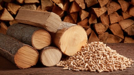 Pile of stacked firewood logs and wood pellets on a wooden surface for biomass energy