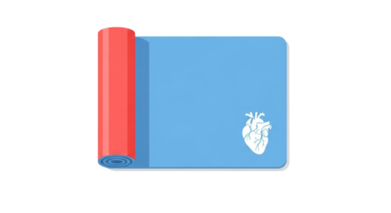 Blue yoga mat with red edge and heart graphic design  