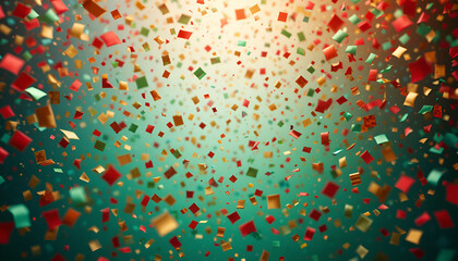 Vibrant red green and gold confetti streams downward against a bright teal background creating a festive atmosphere