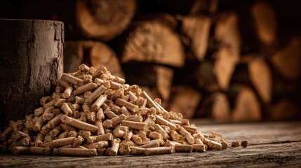 Close-up of wood pellets and a large bark log on a dark rustic wooden background