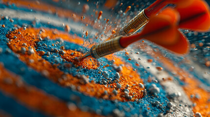 a powerful image of darts striking the bullseye, symbolizing the accuracy and determination of goal setting and success meditation, with a dynamic and energetic composition