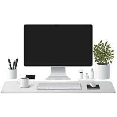 Fototapeta premium Desktop computer setup with coffee and plant isolated on a transparent background