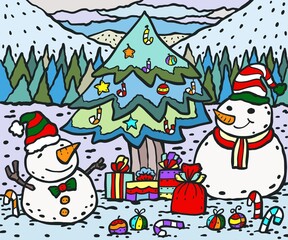 Snowman and Christmas tree doodle color illustration