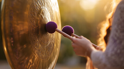 A person uses mallets to strike a golden gong, creating resonant sound waves in a serene, sunlit outdoor setting. Ideal for meditation, mindfulness practices, and relaxation.