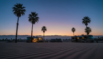 Three large recreational vehicles with warm glowing windows are parked on rippled sand dunes among silhouetted palm trees during a serene desert twilight