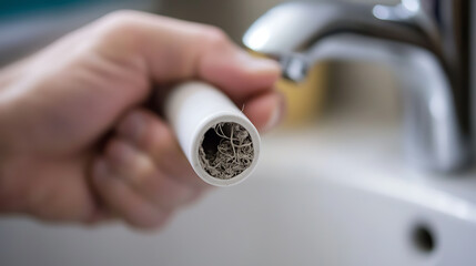 Close-up of a hand holding a dirty pipe filled with tangled hair, set against a blurred bathroom sink and faucet, illustrating common household plumbing issues and maintenance.