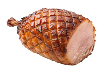 Glazed Christmas Ham Roasted Whole with Diamond Scoring &ndash; Studio Cut Out on White Background