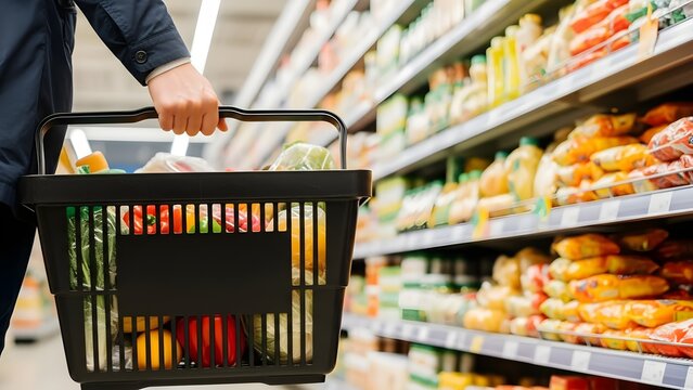 Shopper holding black plastic shopping basket full of groceries walking through supermarket aisle shelf background perspective view
