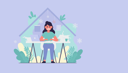 Stressed woman dealing with work burnout and deadline pressure while working remotely during winter