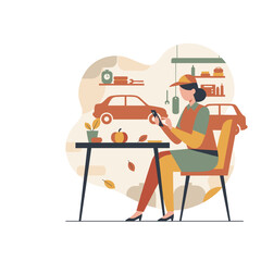 Woman managing her auto repair business via smartphone in an autumnthemed garage office