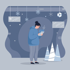 Woman in a hoodie using a glowing tablet in a stylized cold winter environment Technology and loneliness