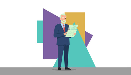 Senior executive reviewing business data on a futuristic tablet conceptual illustration