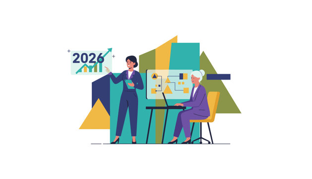 Two businesswomen planning 2026 goals and strategy using charts and data analysis