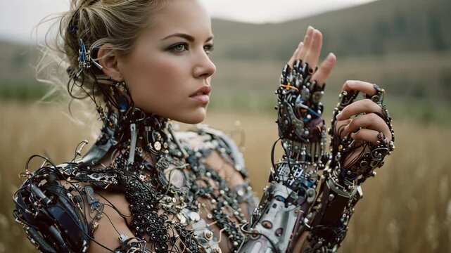 Blonde cyborg in a field