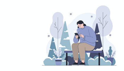 Lonely woman scrolls phone sadly on a winter park bench Concept of digital isolation depression or bad news
