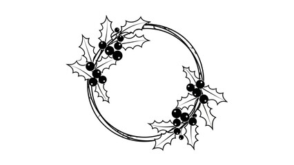 A detailed black and white illustration of a circular wreath adorned with holly leaves and berries. © nevermind