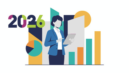 2026 business plan Woman analyzing data and charts for strategic planning and financial growth