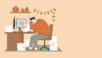 Overwhelmed man stressed by huge piles of paperwork and computer problems in a seasonal office setting