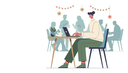 Freelancer works on laptop in a trendy cafe environment surrounded by blurred people