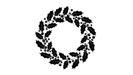 A black silhouette of a festive Christmas wreath made from holly leaves and berries on a white background.