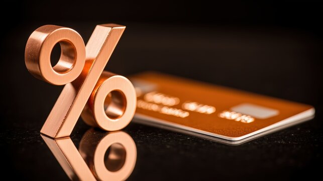 Large copper percentage sign standing next to a blurred golden credit card