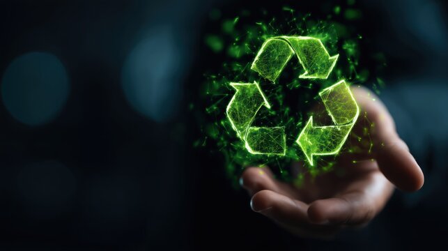 Glowing green digital recycle symbol held above an open hand in darkness