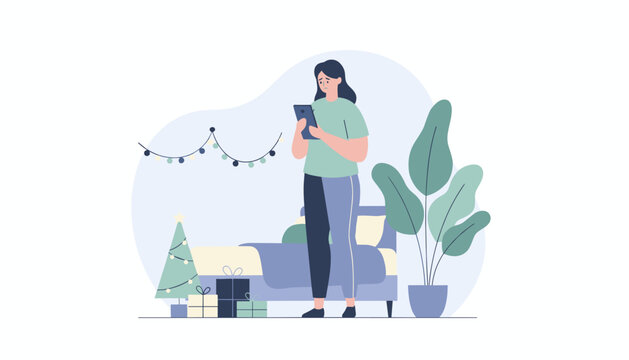 Sad woman using phone in a Christmas setting concept of holiday melancholy or digital distress - Powered by Adobe